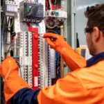 Electrician installing and servicing safety switches in a Brisbane electrical switchboard.